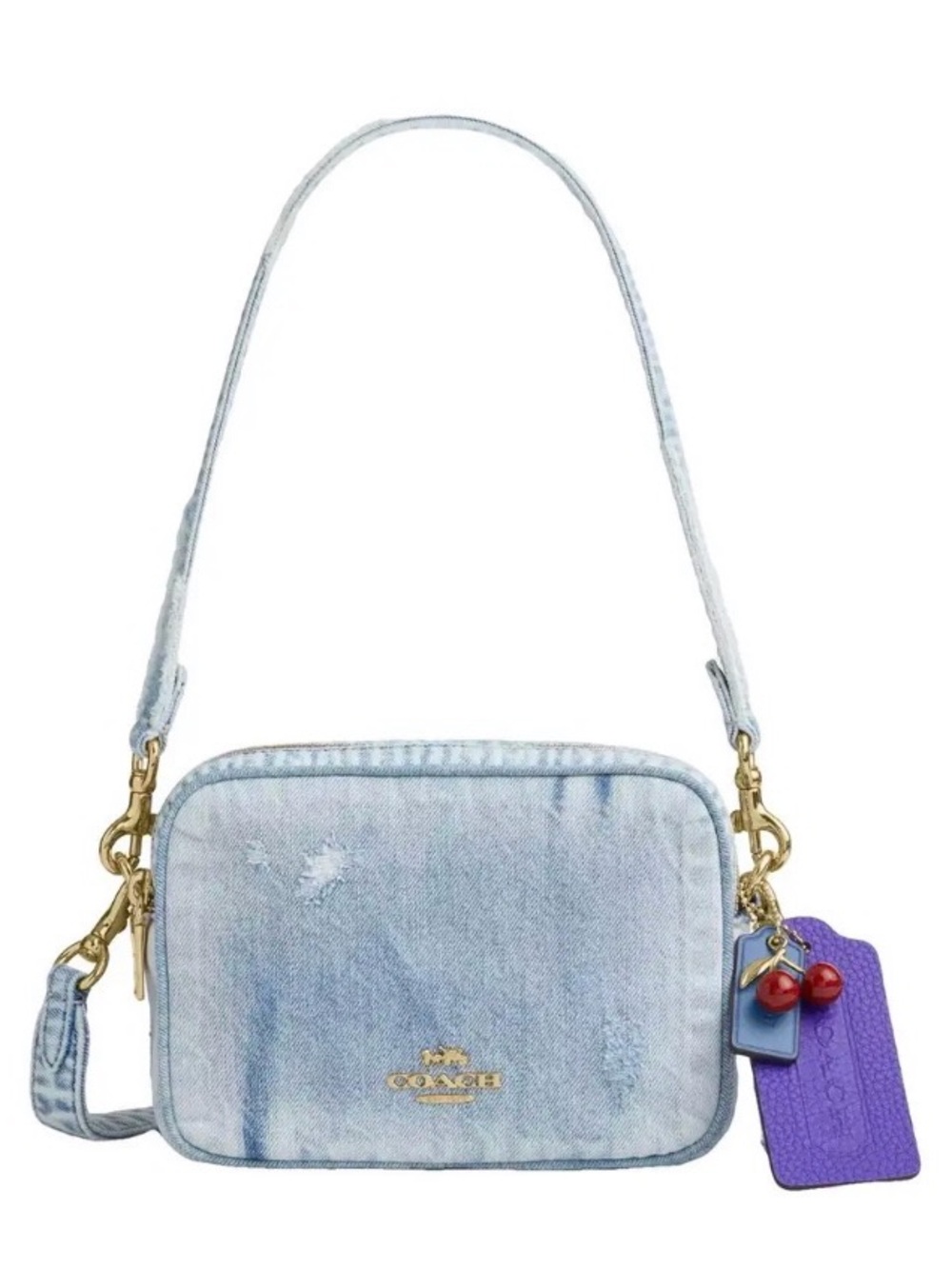 Carey Coach Light Blue Denim Camera Bag with Purple Tag